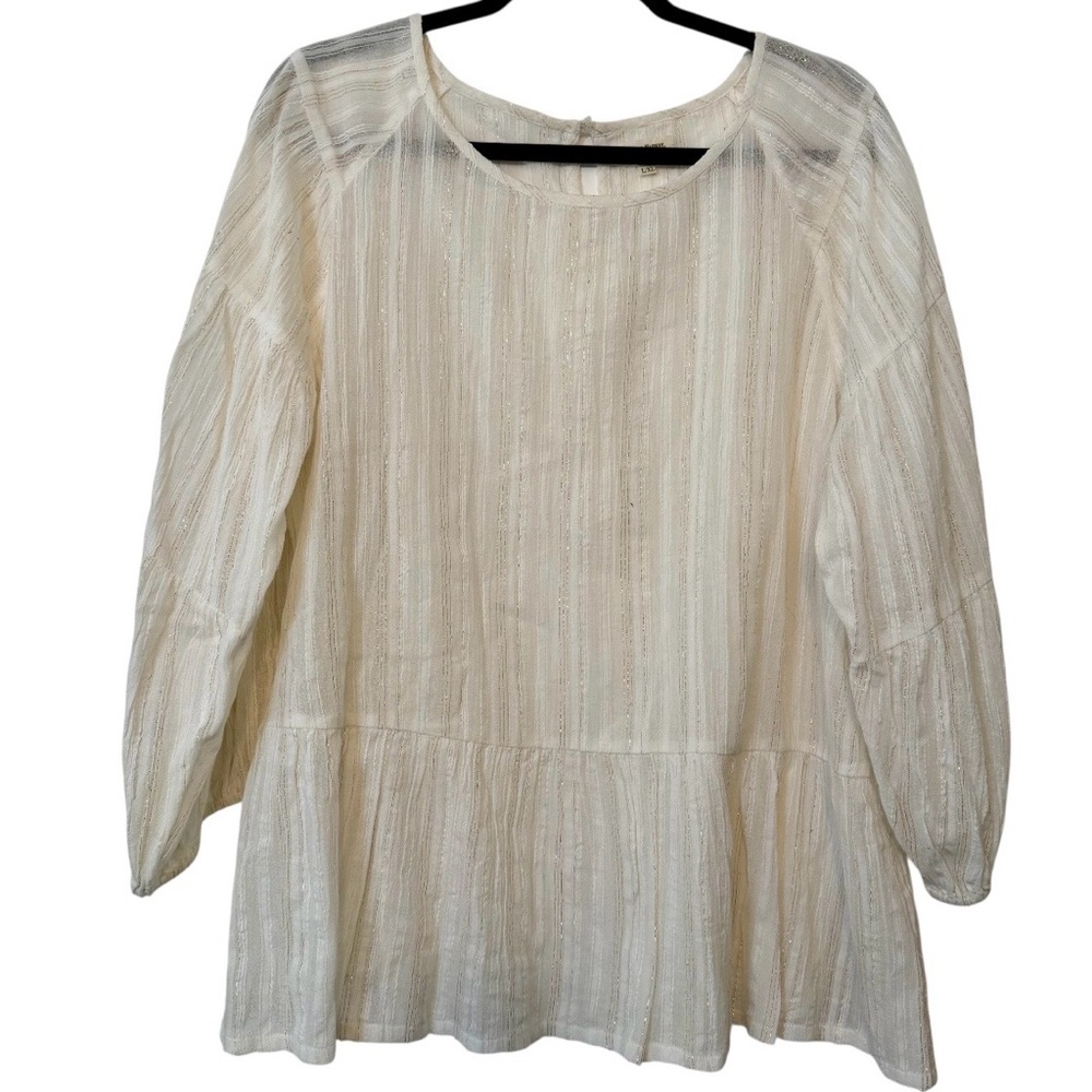 WORLD MARKET Ivory Gold Metallic Cotton Women peasant Shabby Chic Boho Top L/XL